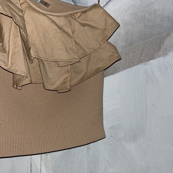 Do+Be Tan One Shoulder Ribbed Bodice and Ruffled Tank Top Size Small - Picture 4 of 7